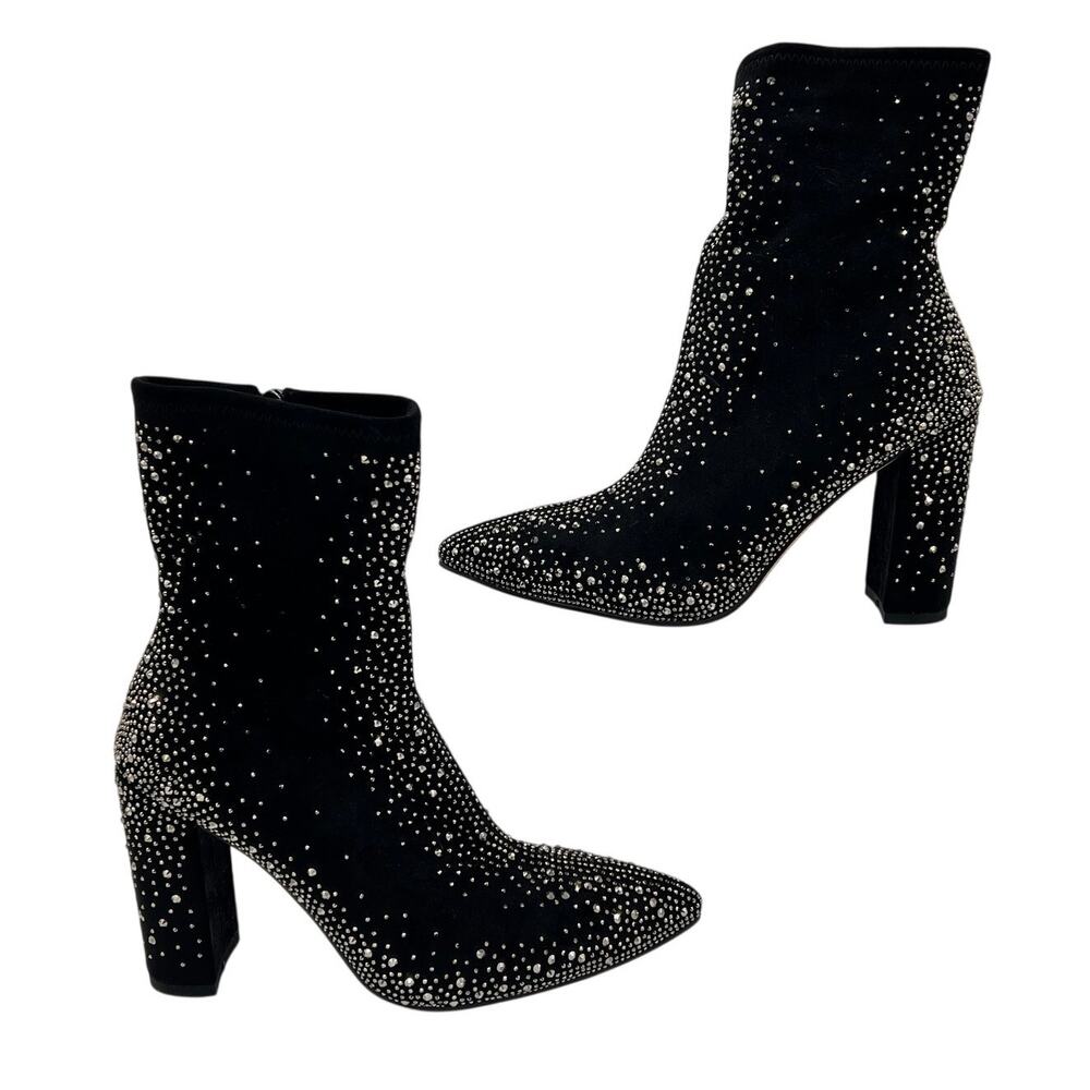 ISNOM Black Rhinestone Pointed Toe Ankle Boots 3.5” Block Heel 6/36